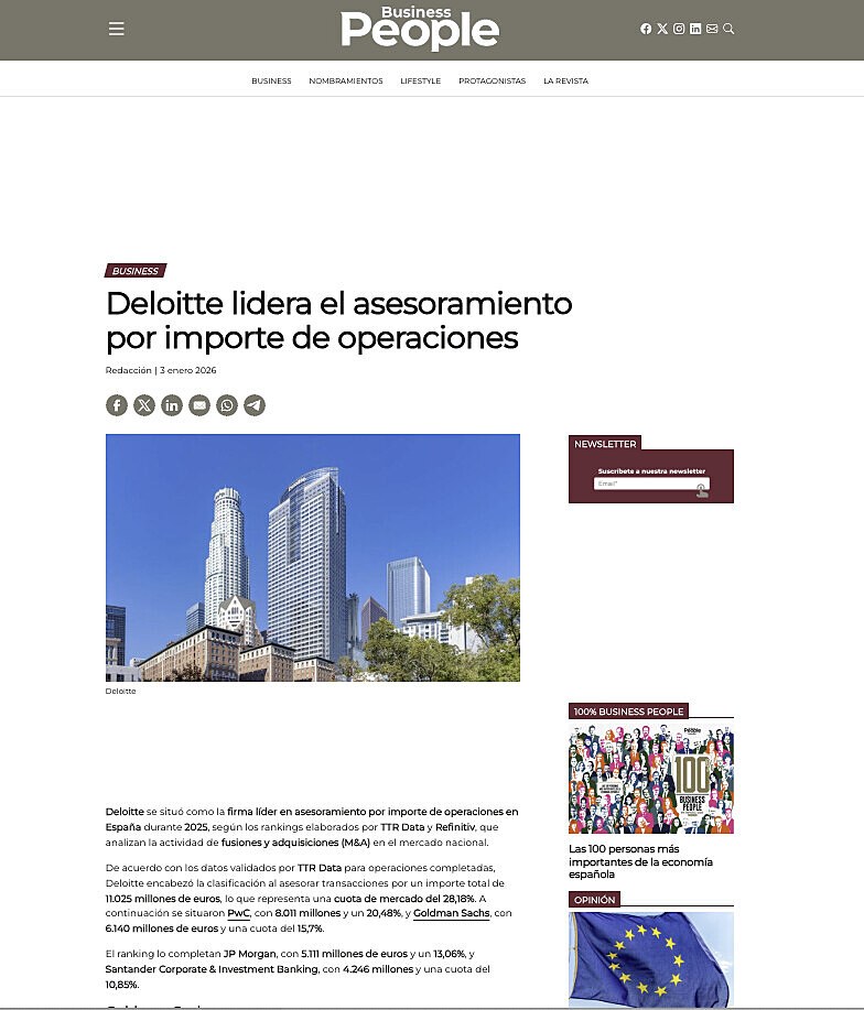 Deloitte lidera el asesoramiento por importe de operaciones